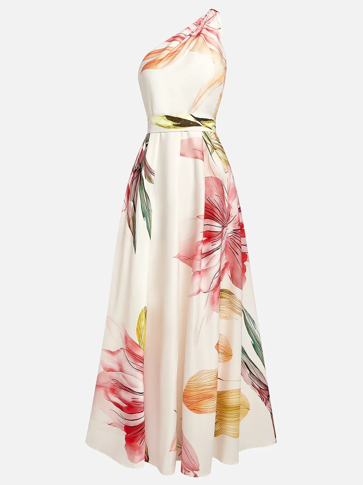 Pink Floral Satin One Shoulder Sleeveless A-Line Maxi Dress