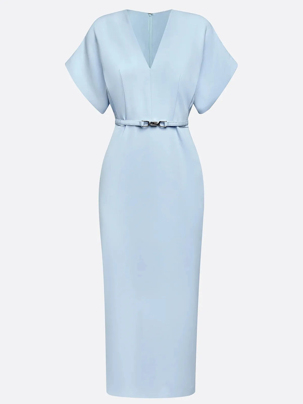 Light Blue Classic V Neck Short Sleeve Dolman Sleeve Sheath Midi Dress