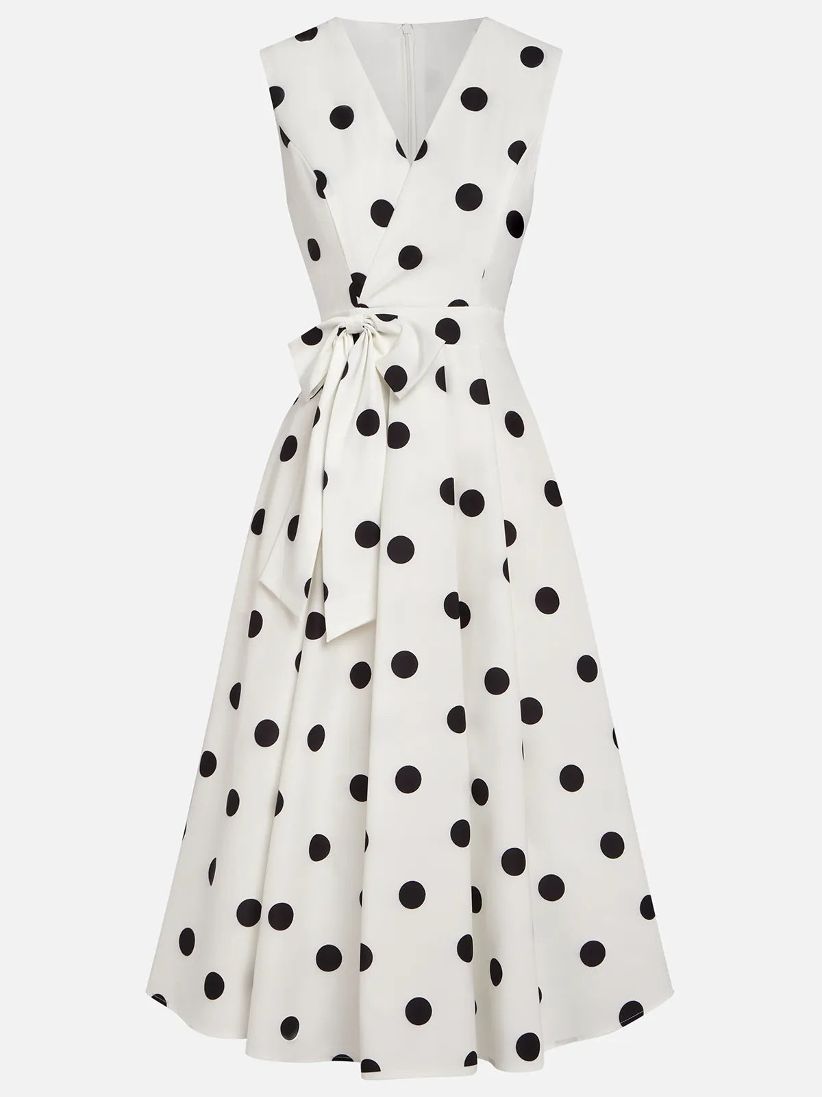 White Polka Dots V Neck Sleeveless A-Line Midi Dress
