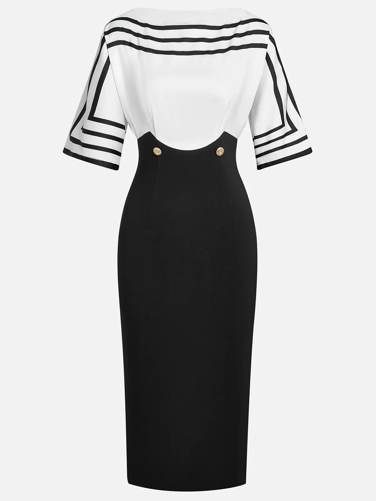 Black Striped Boat Neck Half Sleeve Sheath Midi Satin Dress
