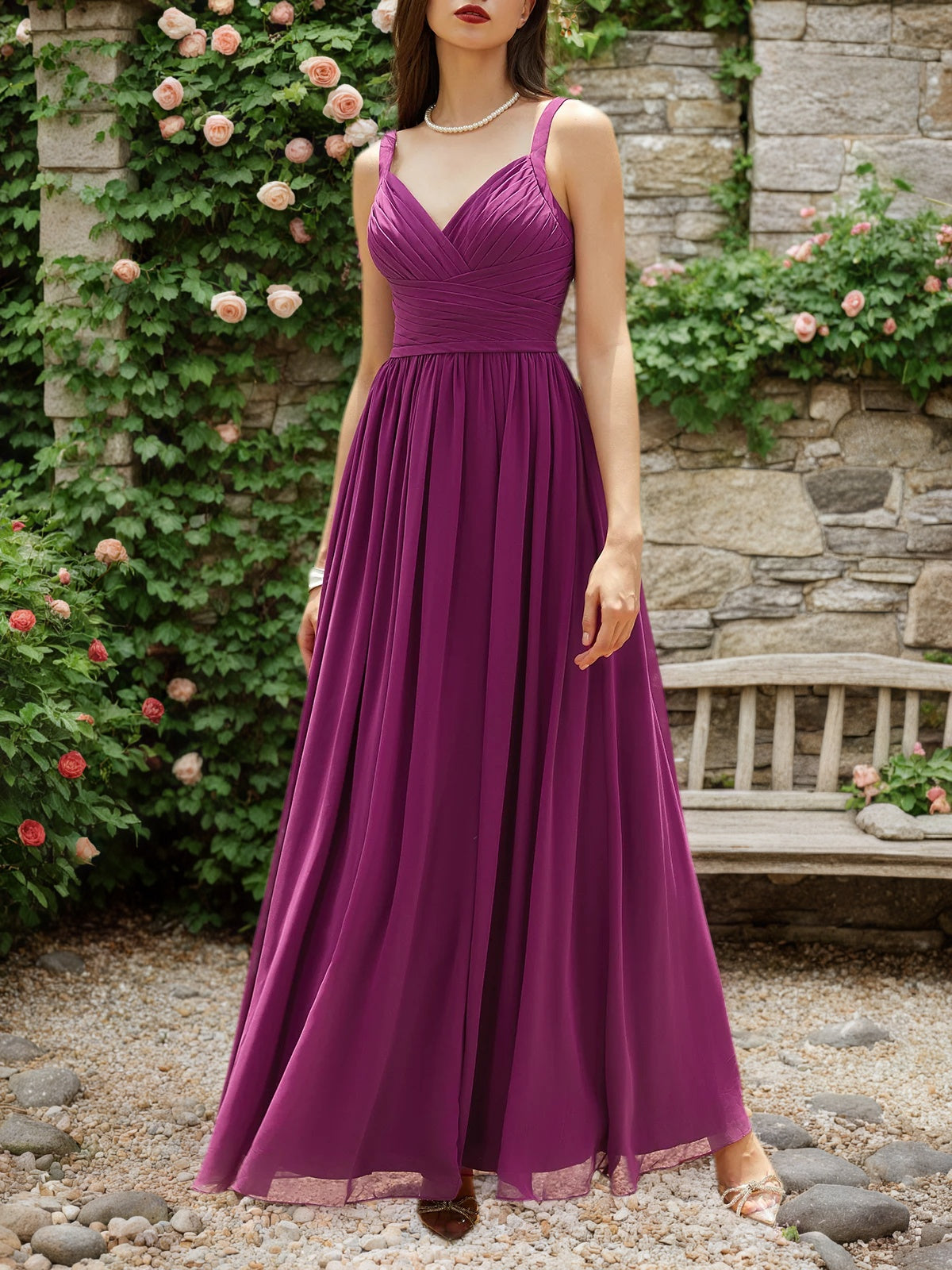 Purple Pleated Chiffon Spaghetti Straps A Line Maxi Bridesmaid Dress