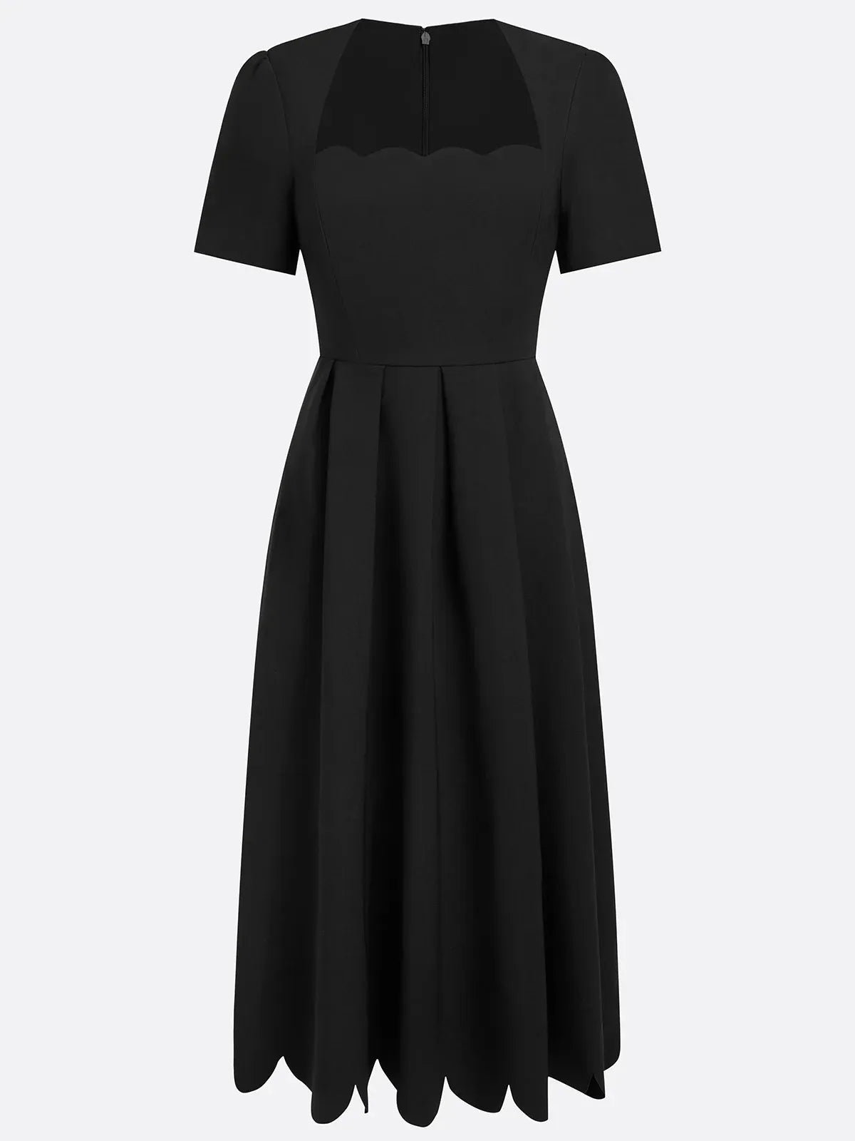Black Irregular Craftsmanship Classic Square Neck Short Sleeve A-Line Midi Dress