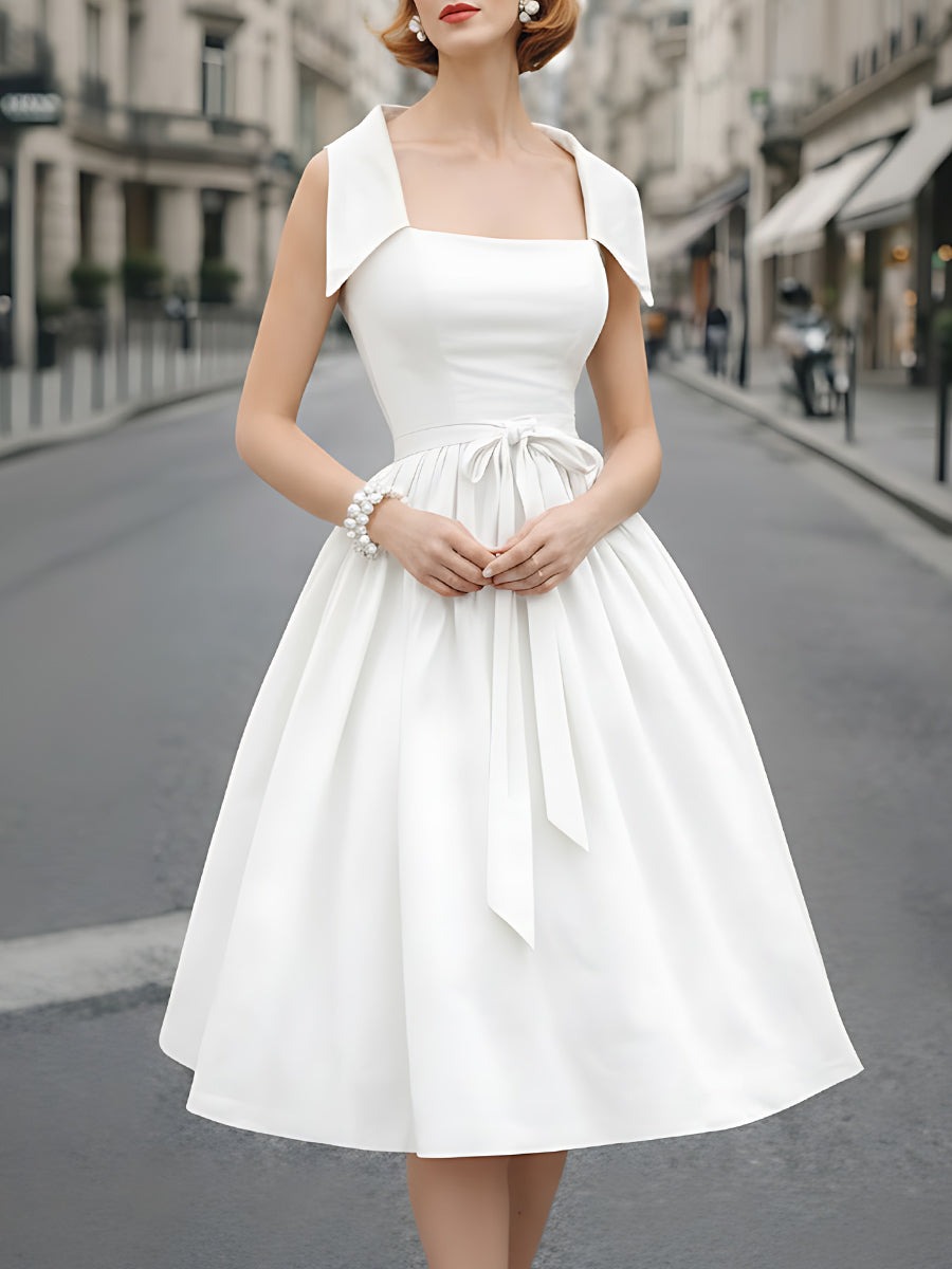 White Square-Neck A-Line Dress With Structured Shoulder Detail