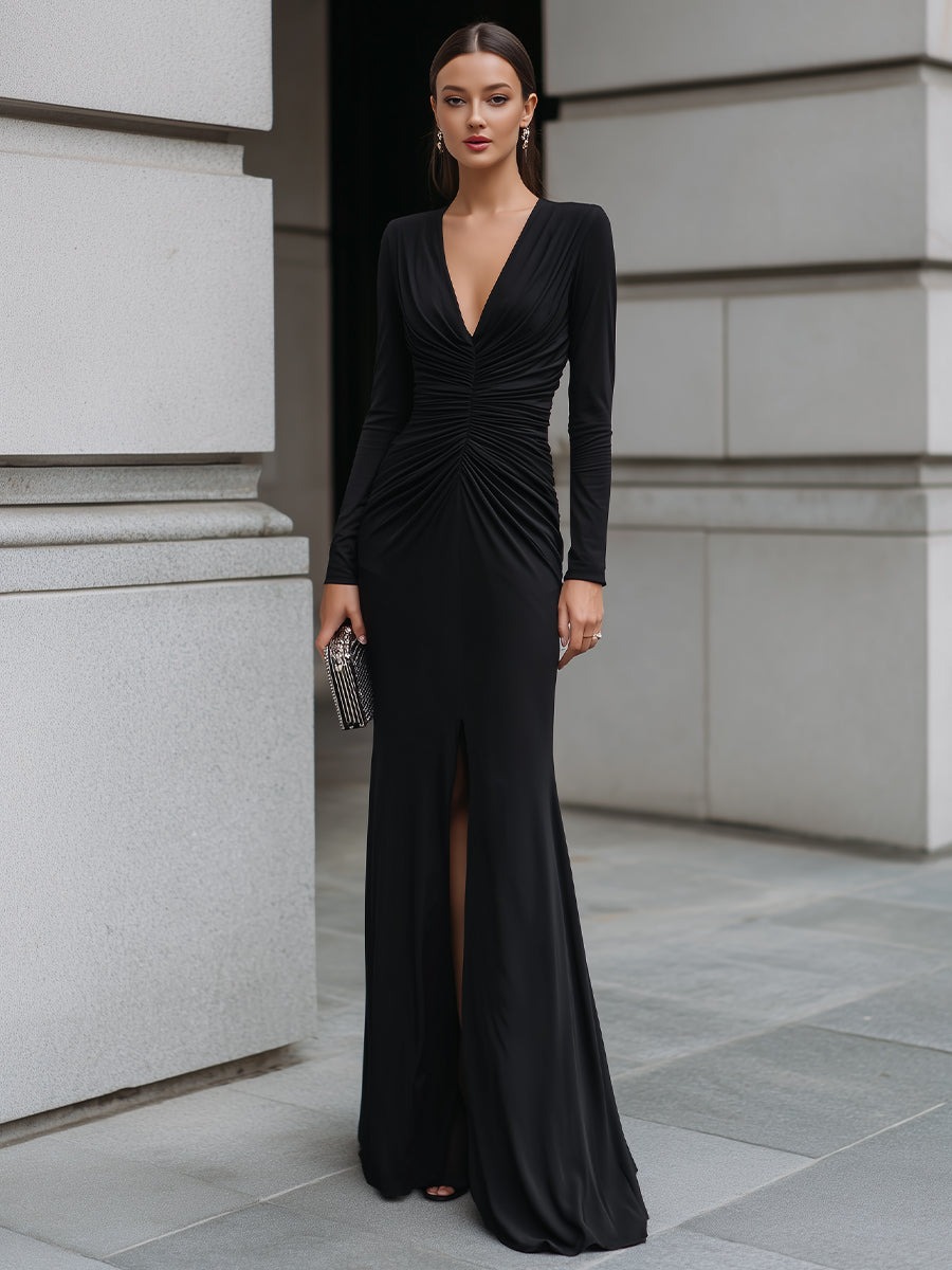 Black Deep V-Neck Ruched Long Sleeve Column Gown