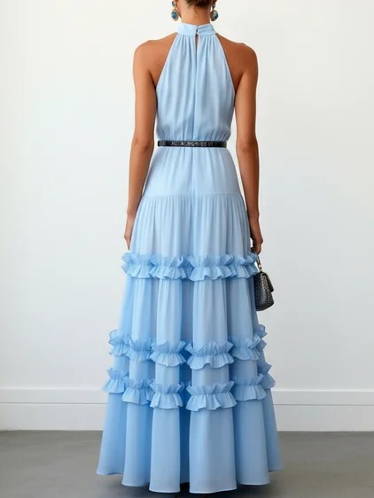 Blue Ruffled Chiffon Halter Sleeveless A-Line Maxi Dress