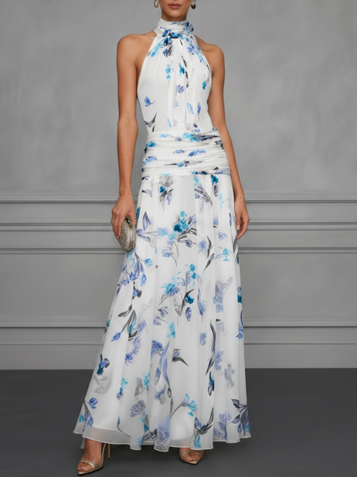 Halter Neck Floral Print Bow Tie Long Evening Dress