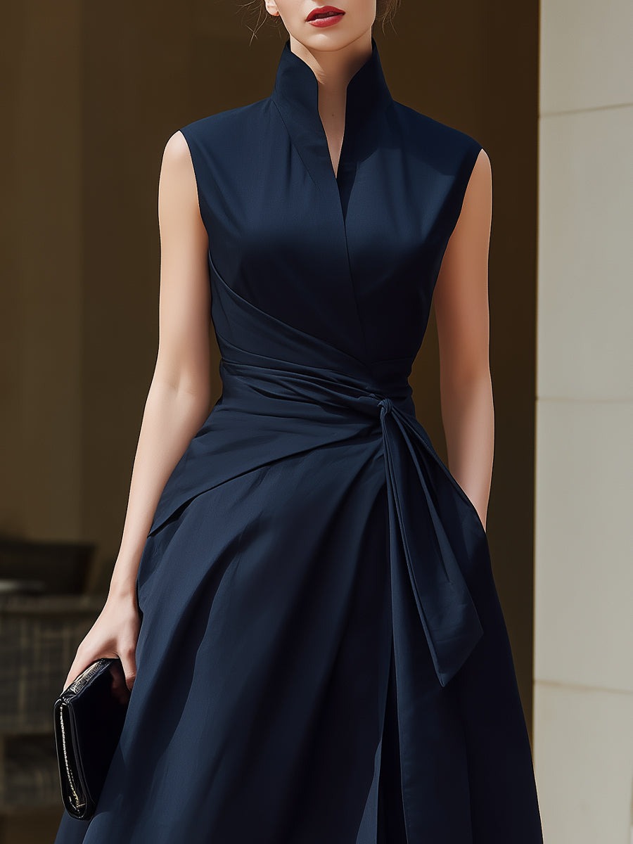 Navy Blue Sleeveless Wrap Midi Dress With Structured Stand Collar