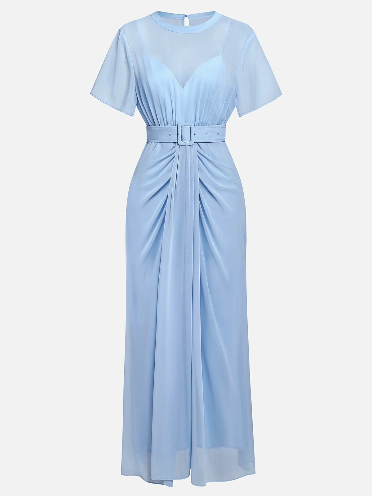 Light Blue Ruched Mesh Chiffon Crew Neck Short Sleeve A-Line Maxi Dress