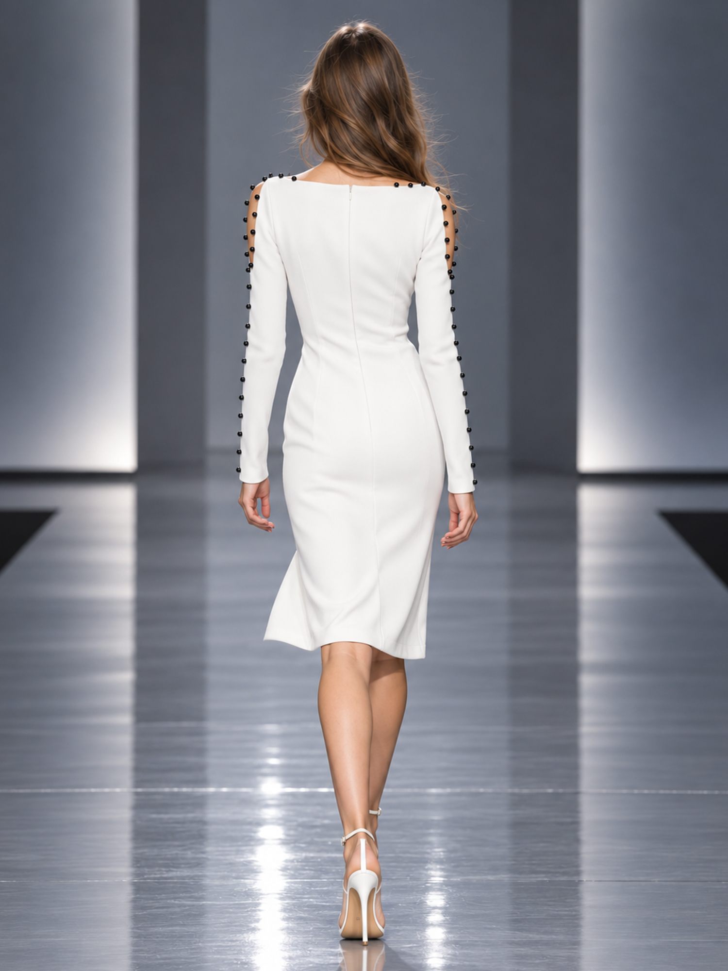 Long Sleeve Beaded Crepe Midi Cocktail Dress With Slit