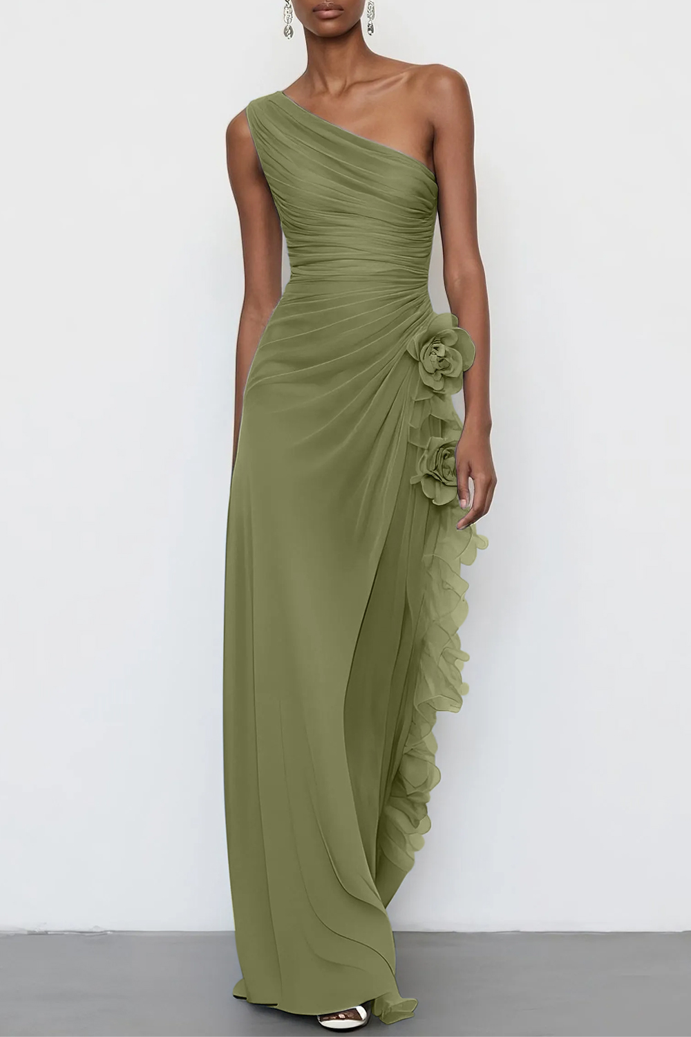 Light Blue 3D Floral Chiffon One Shoulder Sleeveless Sheath Maxi Dress