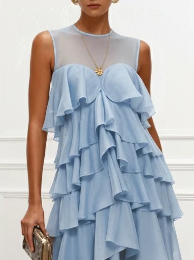 Light Blue Ruffled Chiffon Crew Neck Sleeveless A-Line Maxi Dress
