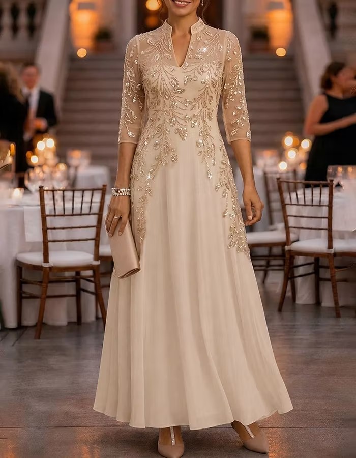 Stand Collar Half Sleeve Beaded Chiffon Evening Gown