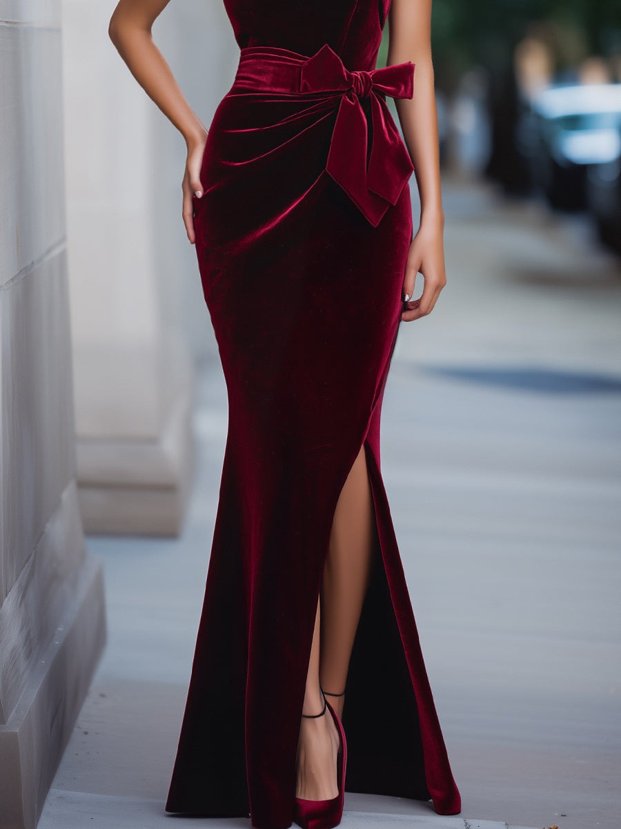 Burgundy One-Shoulder Velvet Evening Dress With Waist Bow