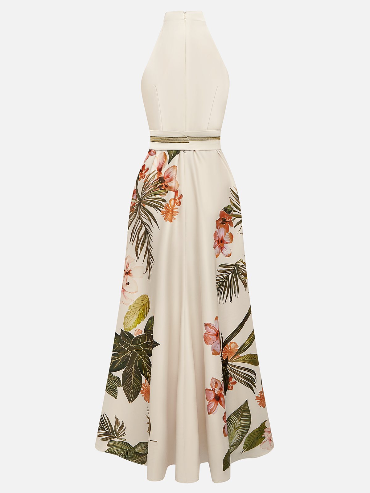 Halter-Neck Tropical Floral Print Maxi Dress with Sash