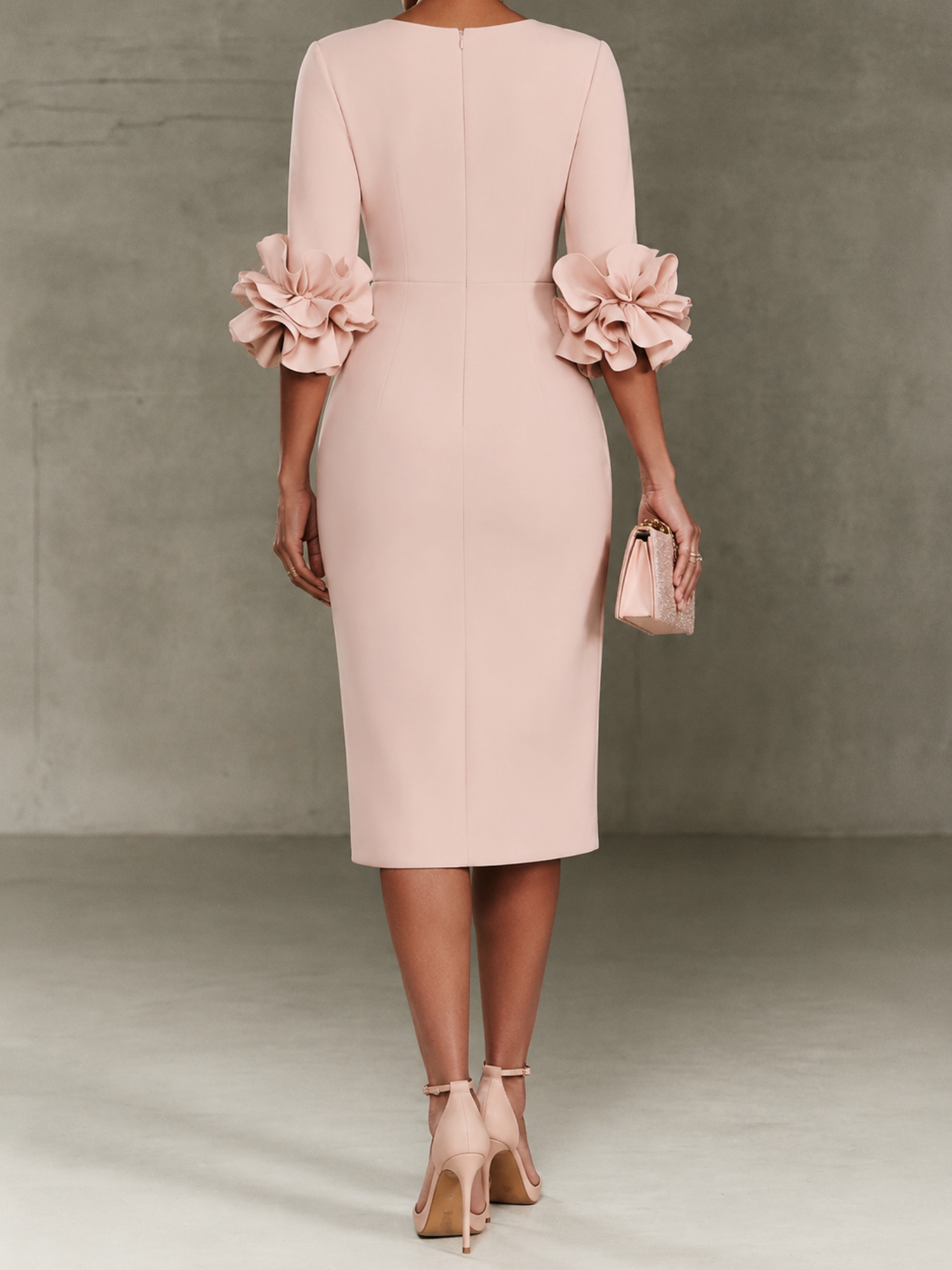 Classic Crew Neck 3d Floral Ruffle Sleeve Sheath Midi Dress