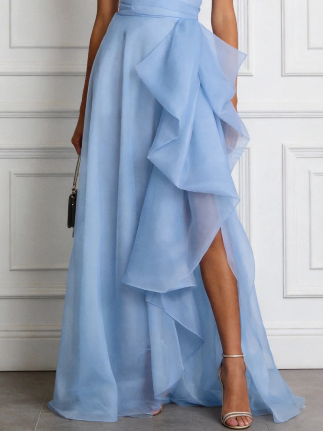 Blue Ruffled Side-Slit Classic Strapless Sleeveless A-Line Gown Dress