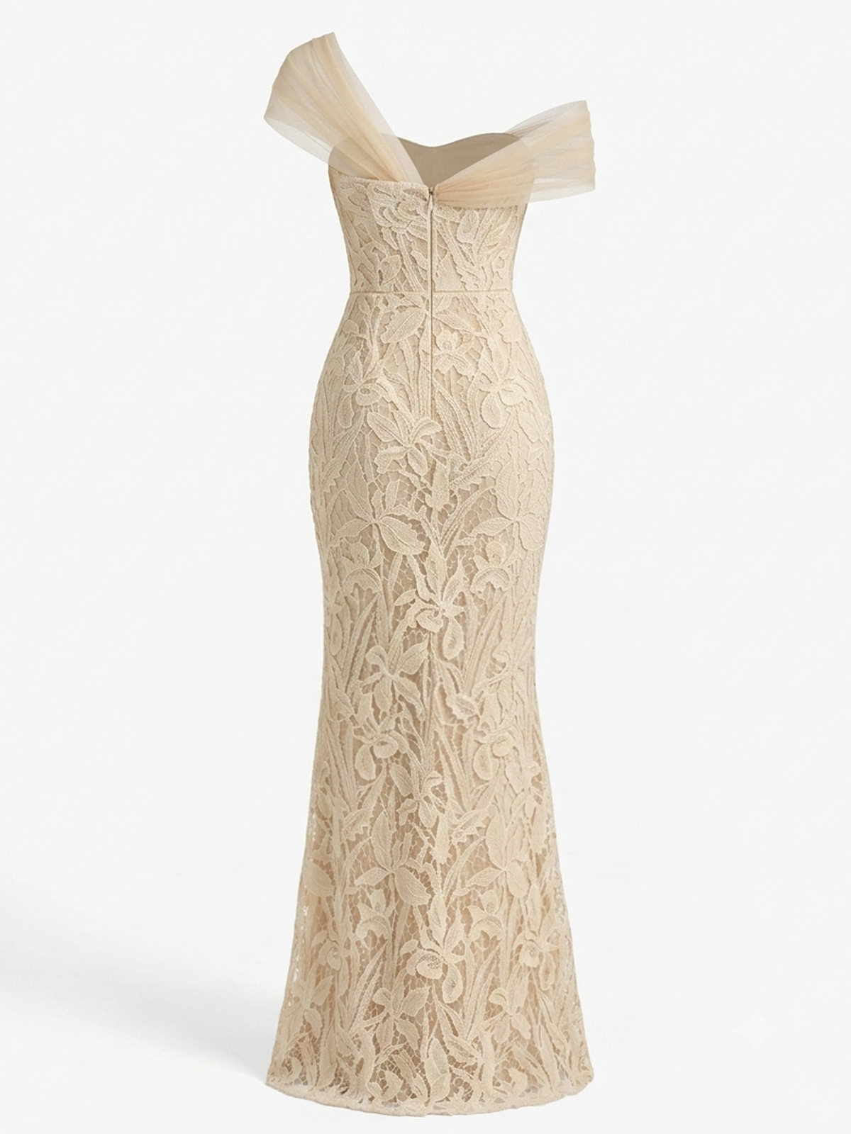 One-Shoulder Draped Tulle Lace Mermaid Evening Gown
