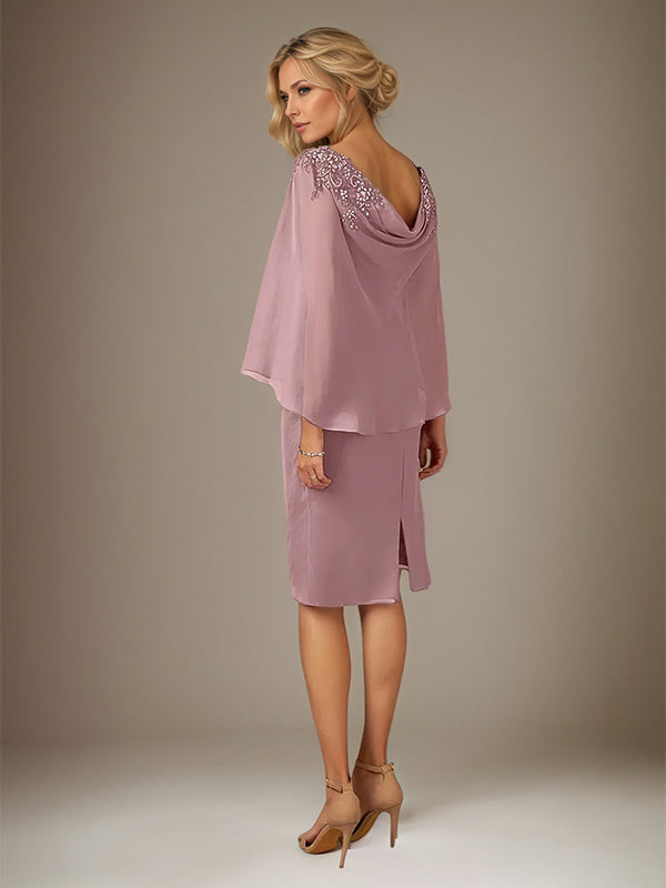 Mauve Sheath/Column Chiffon Bateau Neck Cape Sleeves Knee Length Dress