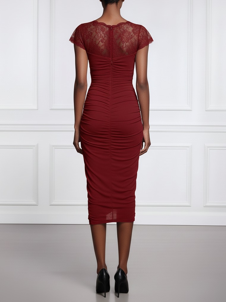 Burgundy Lace Ruched Knit V Neck Short Sleeve Bodycon Midi Dress
