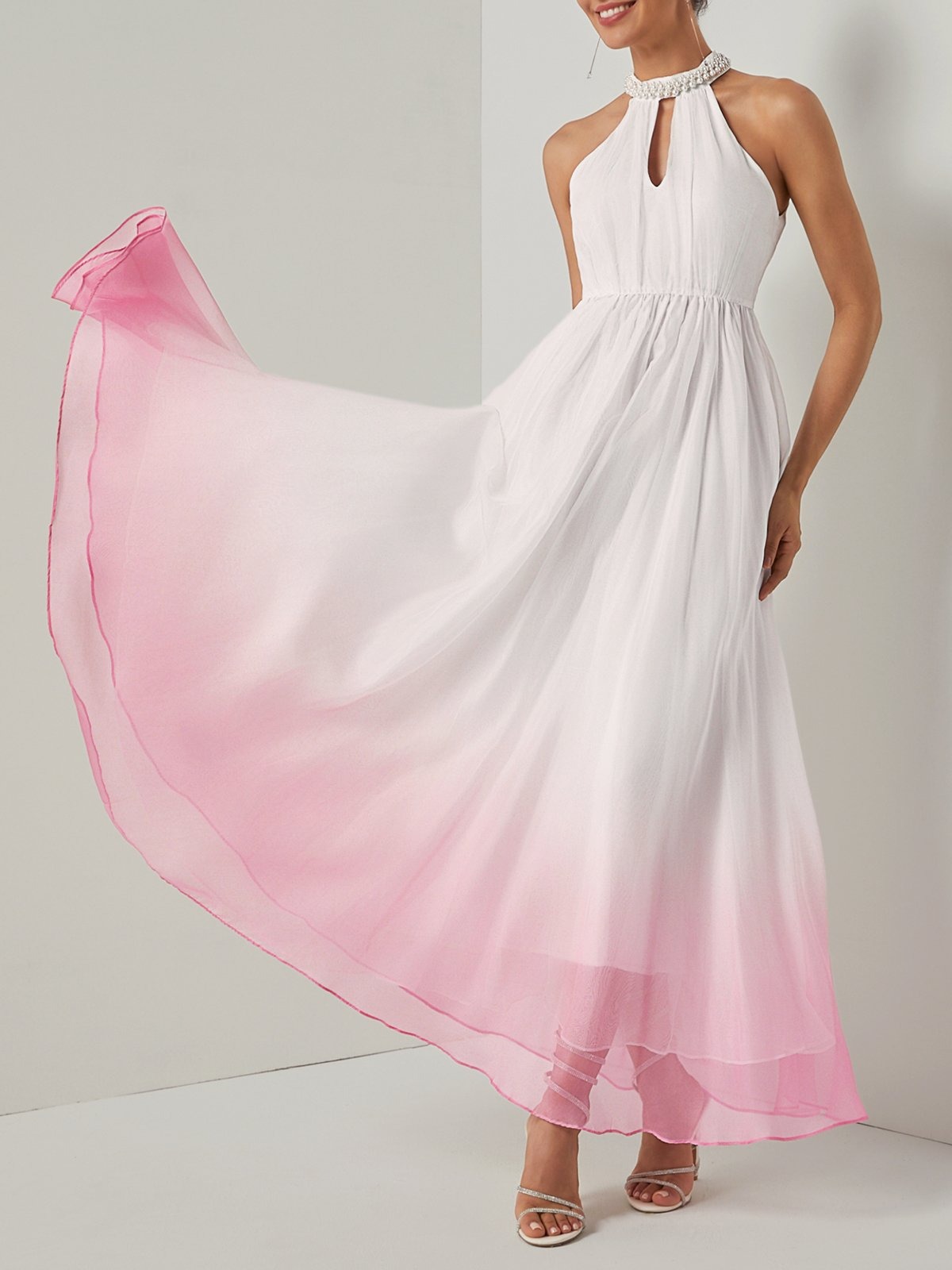 Pink Chiffon Halter Ombre Imitation Pearl Cut Out Sleeveless A-Line Mock Neck Maxi Dress