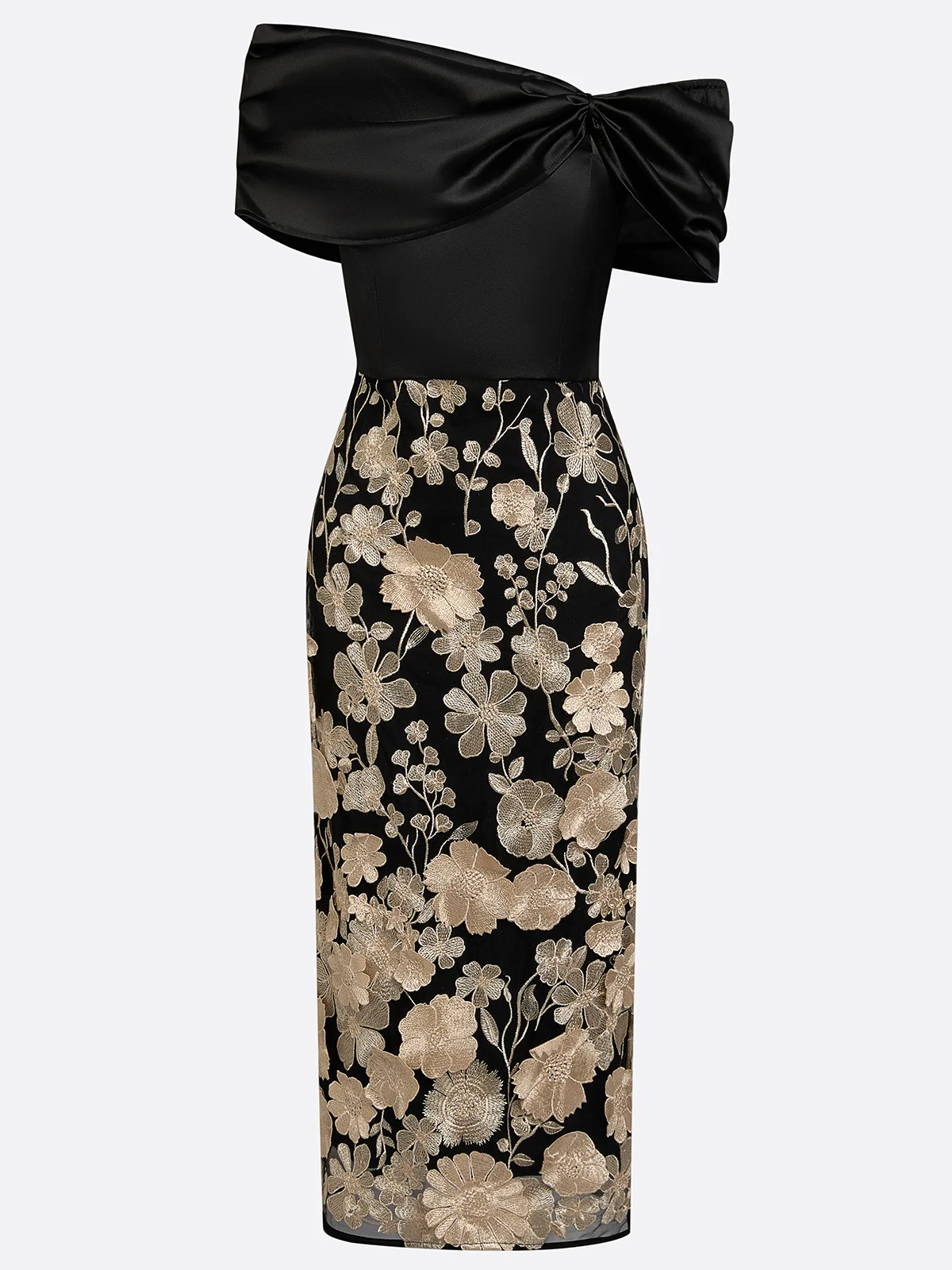 Black 3D Floral Applique Classic Off The Shoulder Short Sleeve Sheath Midi Dress
