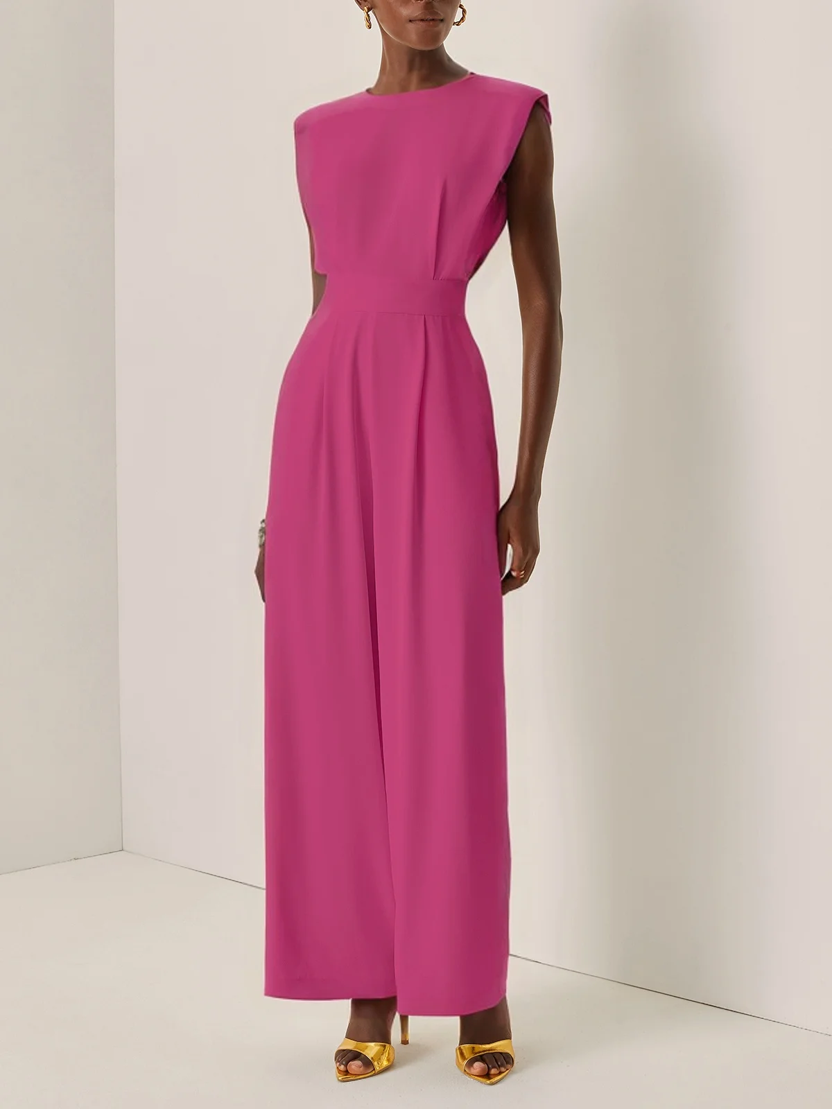 Women Off White Crew Neck Sleeveless Dressy Jumpsuit With Pockets