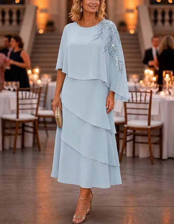 Beaded Chiffon Overlay Layered Midi Dress