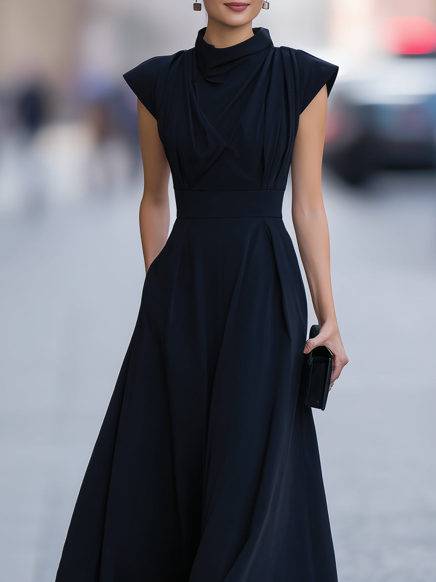 Black Draped Cap-Sleeve Maxi Dress With Defined Waist