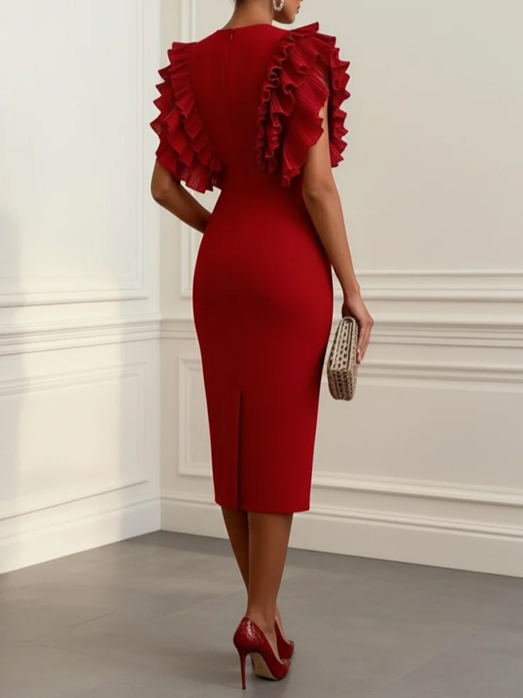 Red Peplum Classic V Neck Sleeveless Sheath Midi Dress