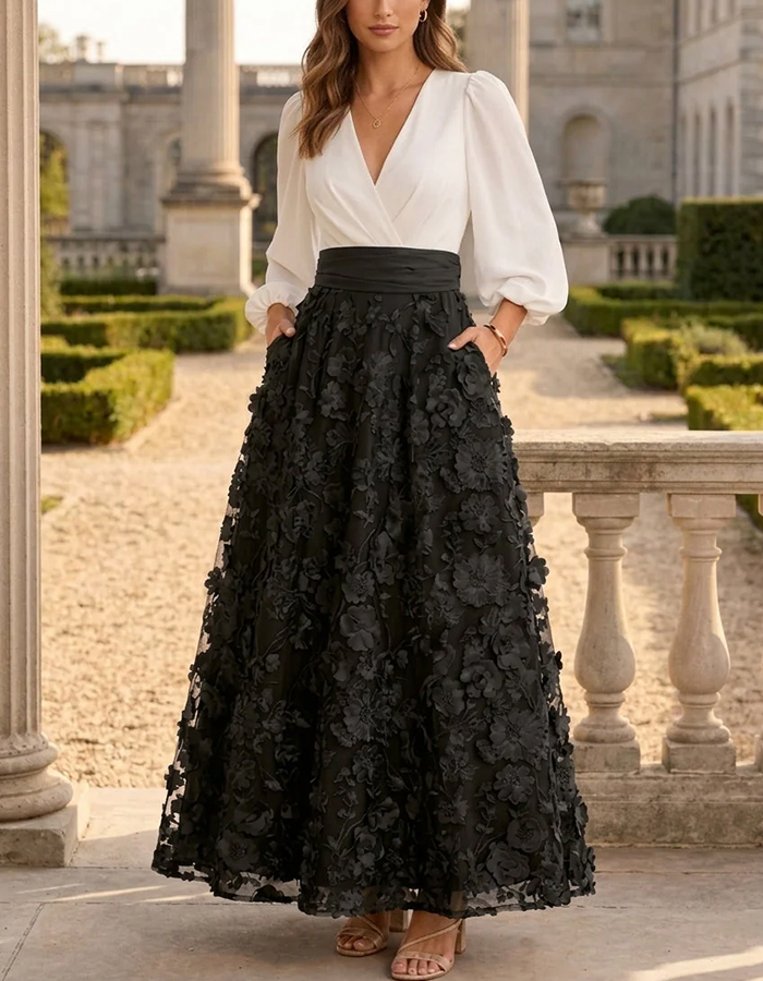 Chiffon V-Neck 3D Floral A-Line Maxi Dress