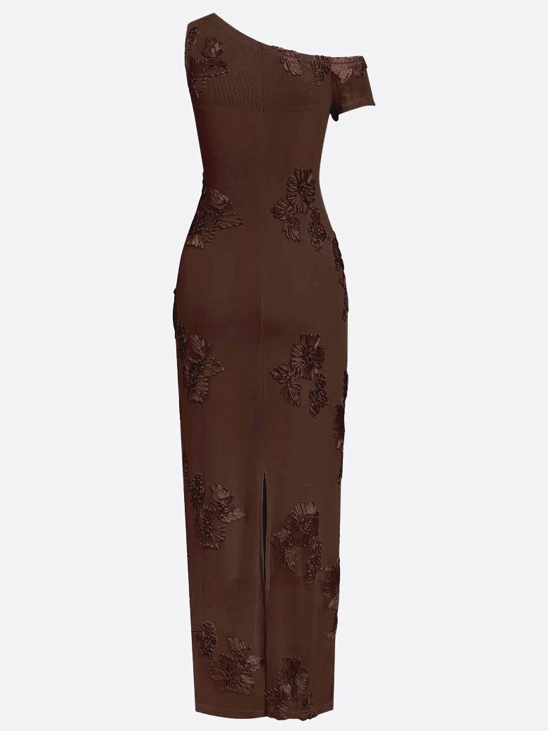 One-Shoulder Floral Applique Draped Long Evening Dress