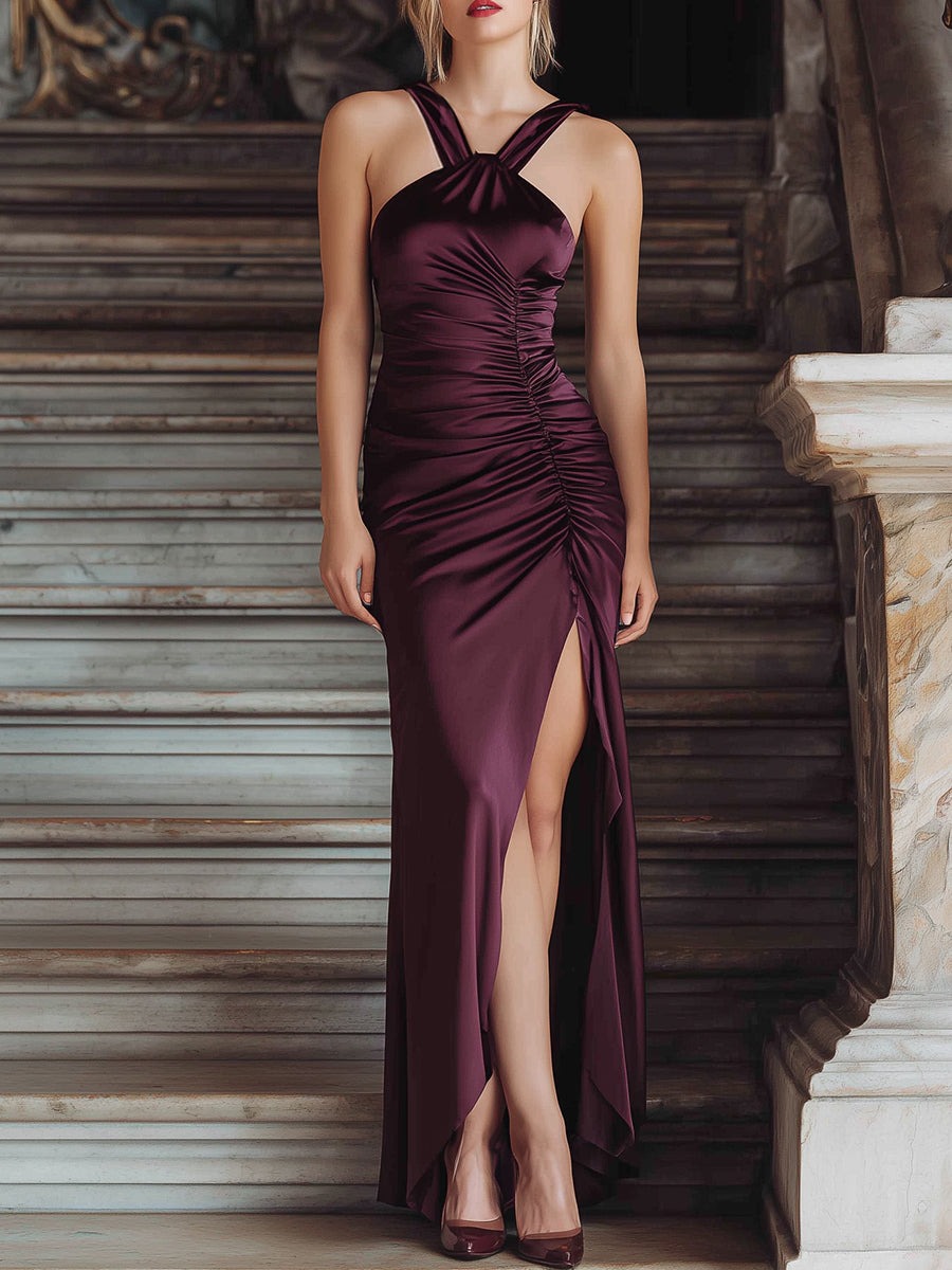 Burgundy Double-Strap Ruched Satin Gown