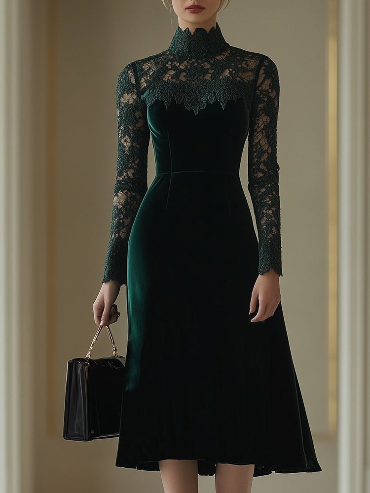 Elegant Retro Velvet Stitching Lace High Collar Long Sleeve Midi Dress