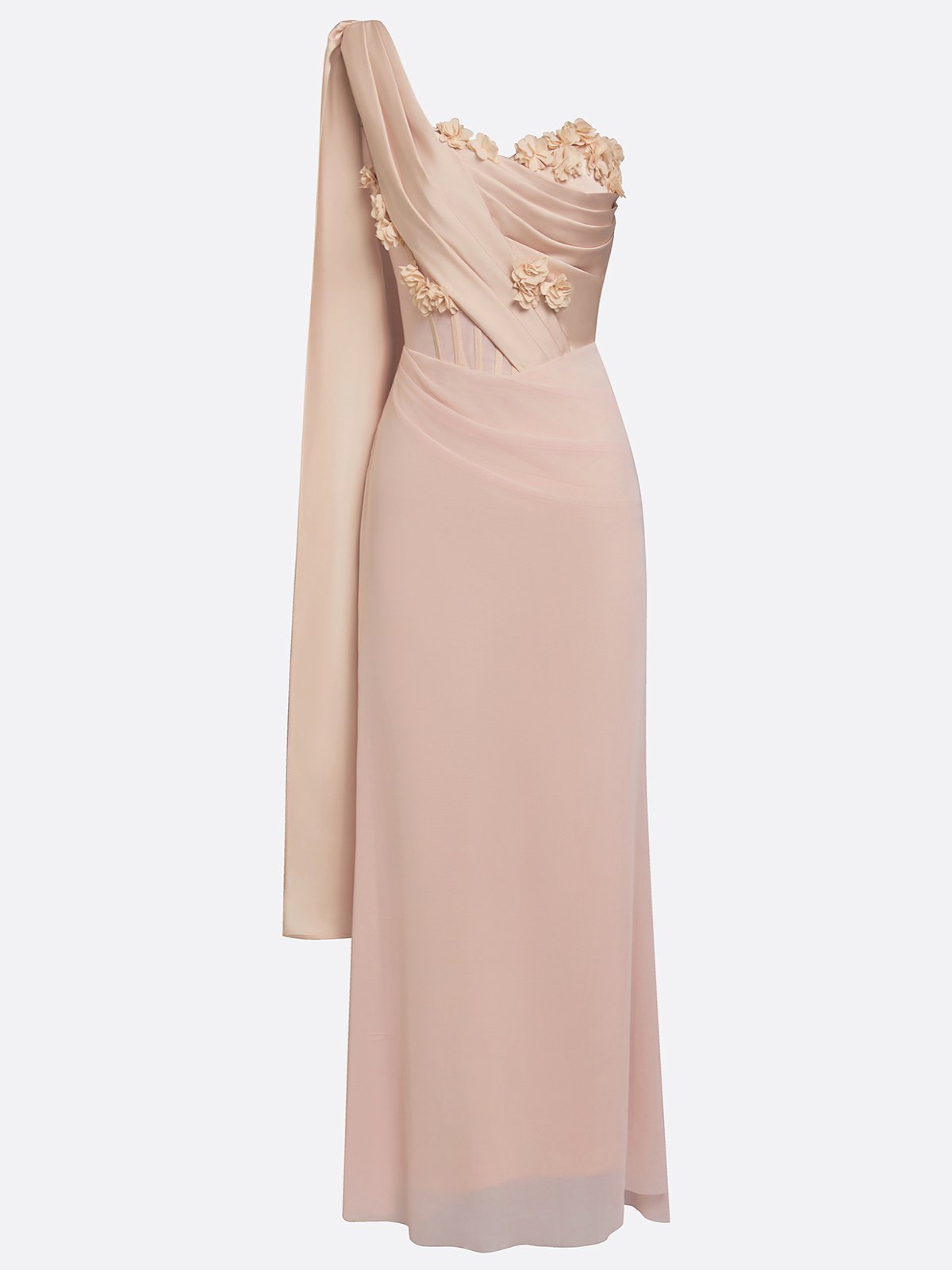 One-Shoulder Floral Applique Draped Long Evening Dress
