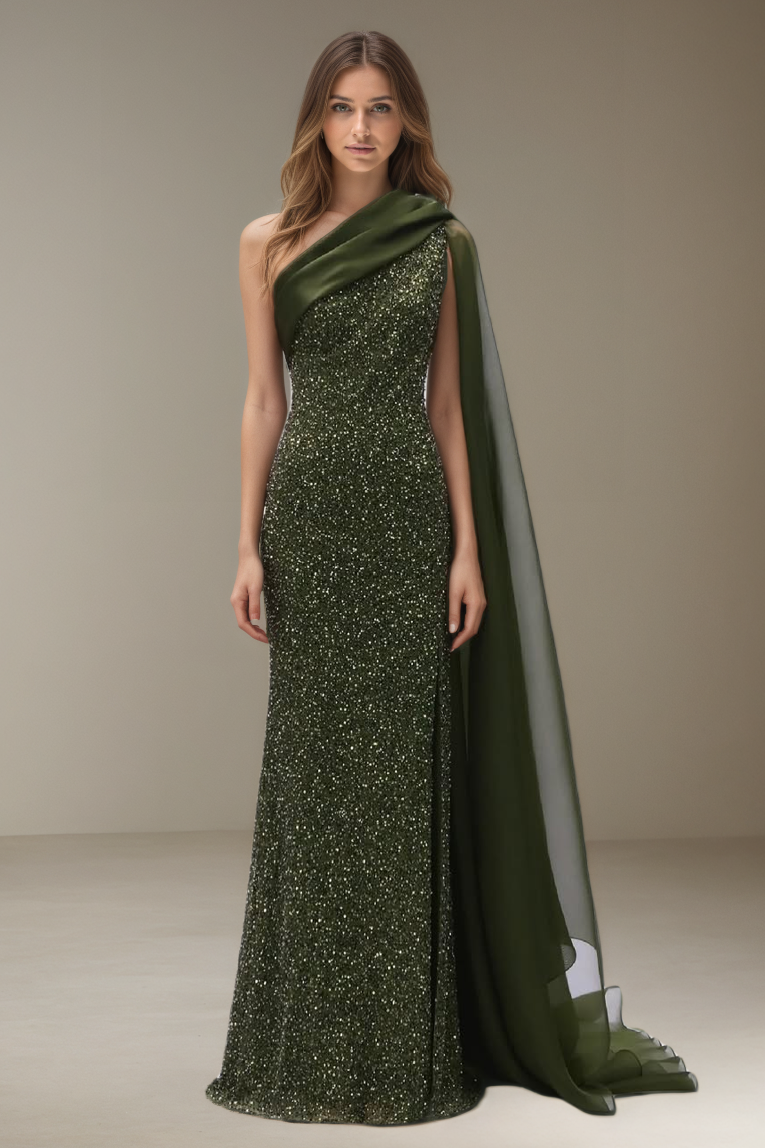 Emerald Sequin One-Shoulder Asymmetrical Evening Dress