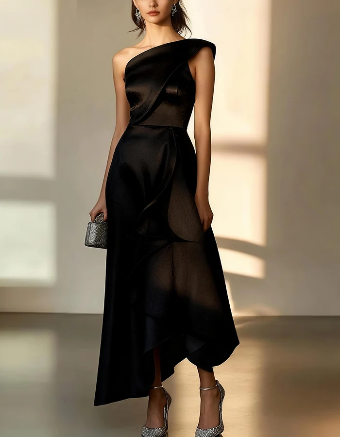 One-Shoulder Ruffle-Trim Satin Evening Gown