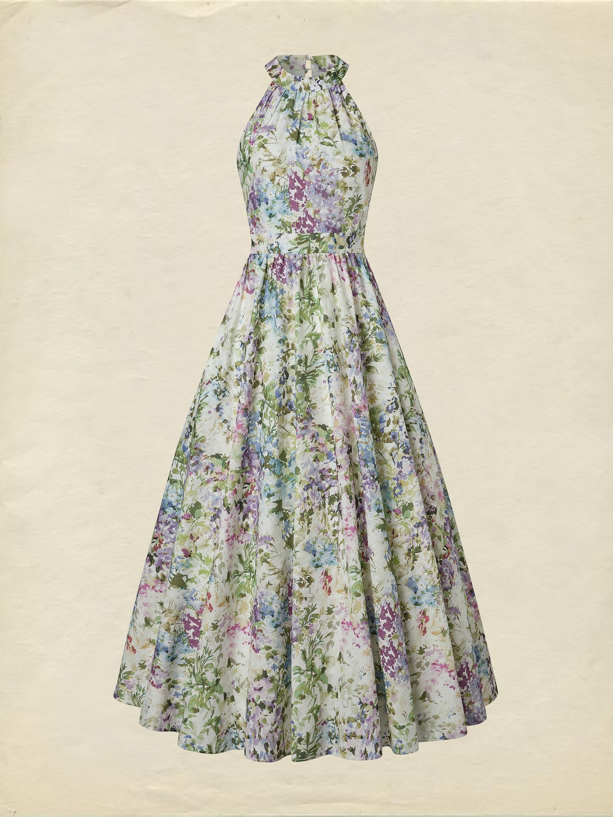 Maxi Cotton Dress, Sleeveless, Halter, Floral, Vacation, Vintage, White
