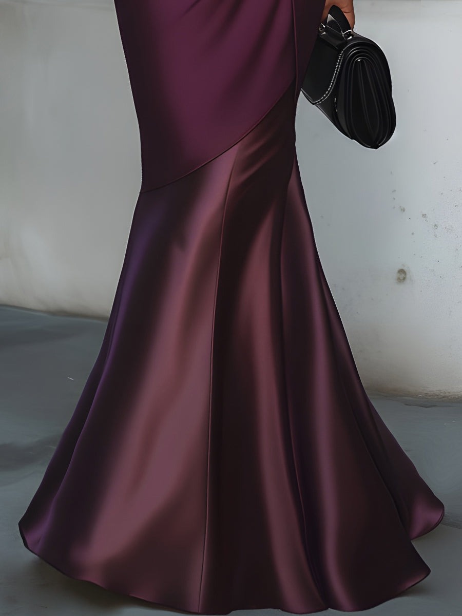 Purple V-Neck Satin Draped Mermaid Evening Dress