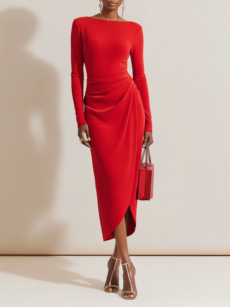 Red Asymmetric Ruched Knit Boat Neck Long Sleeve Sheath Midi Dress