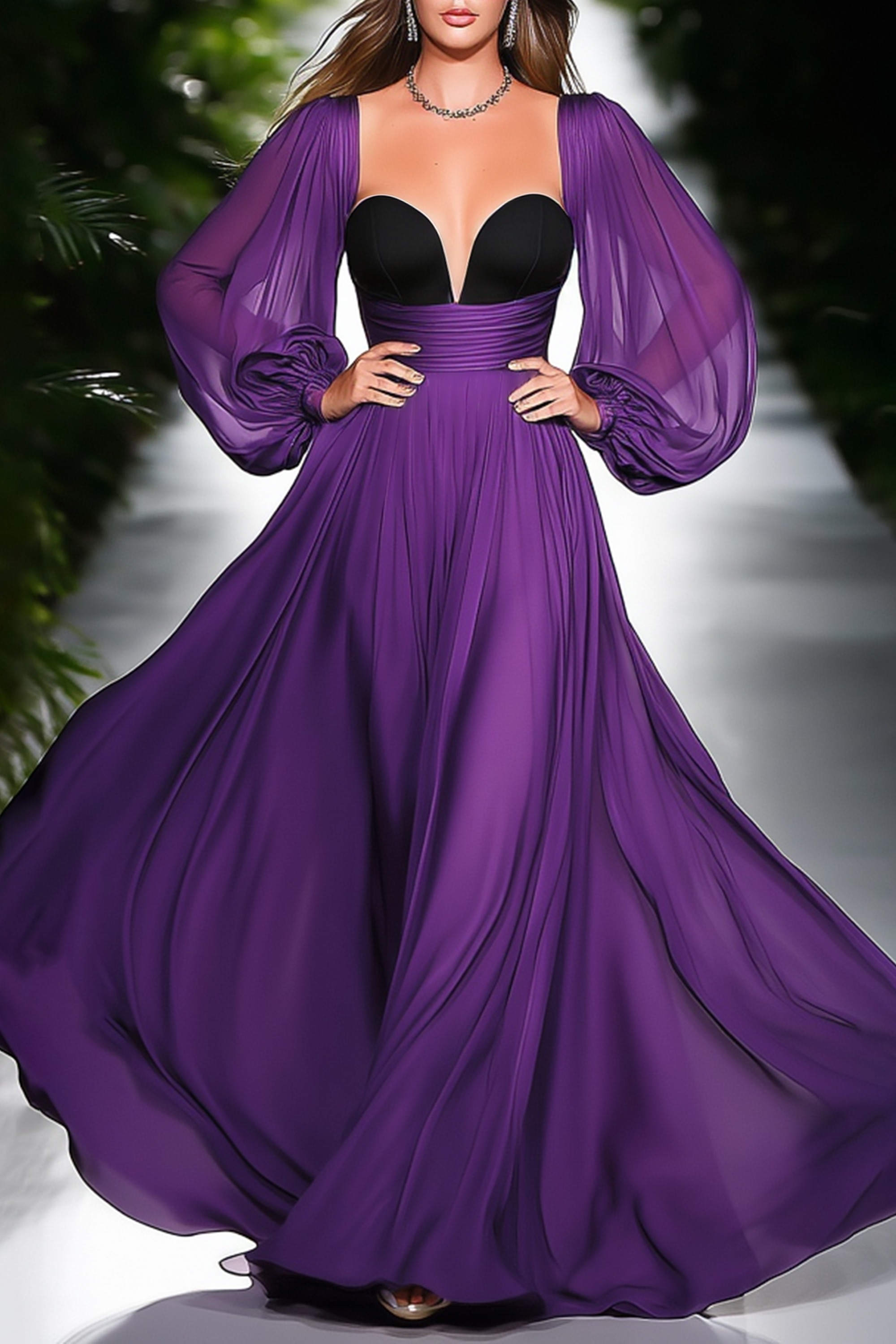 Formal ​Evening Dress Purple Square Neck Maxi Long Sleeve Dress