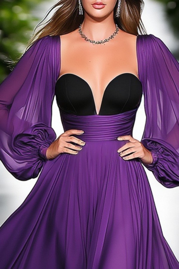 Formal ​Evening Dress Purple Square Neck Maxi Long Sleeve Dress