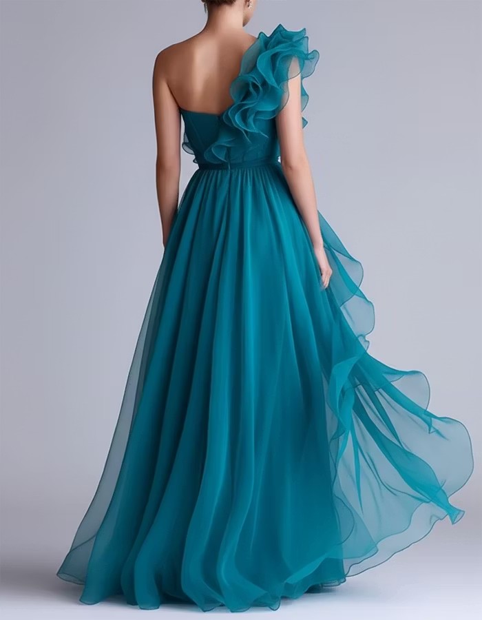 Lake Blue Chiffon One-Shoulder Ruffled Midi Dress