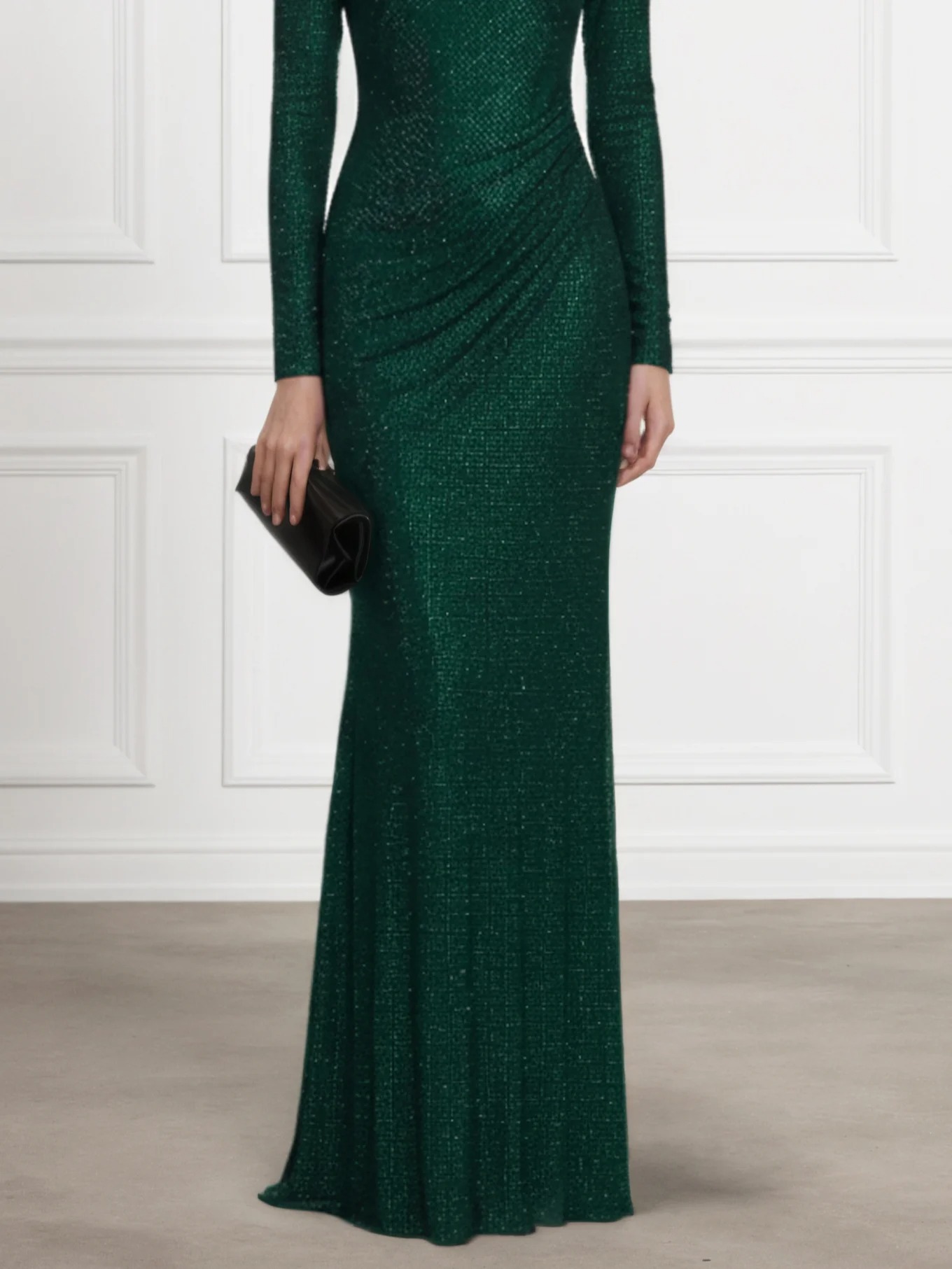 Green Rhinestone Sequin Crew Neck Long Sleeve Sheath Gown Dress
