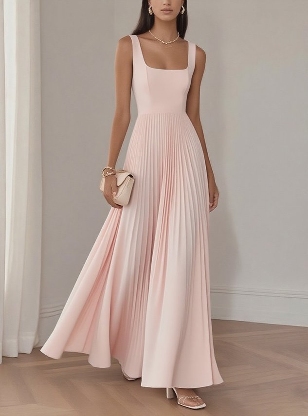 Light Blue Pleated Square Neck Sleeveless A-Line Maxi Dress