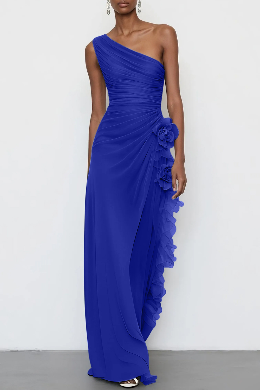 Light Blue 3D Floral Chiffon One Shoulder Sleeveless Sheath Maxi Dress