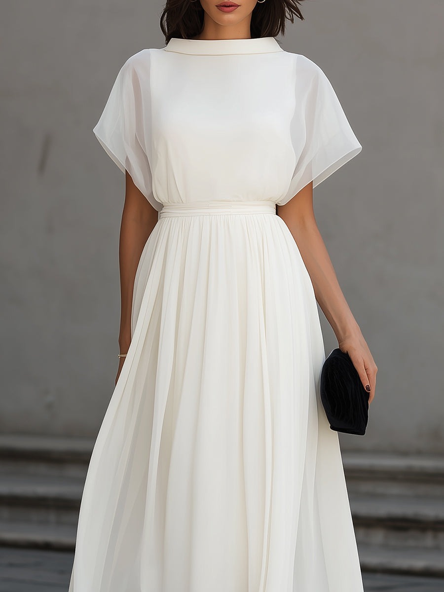 White High Neck Sheer Sleeve Pleated Midi Dress