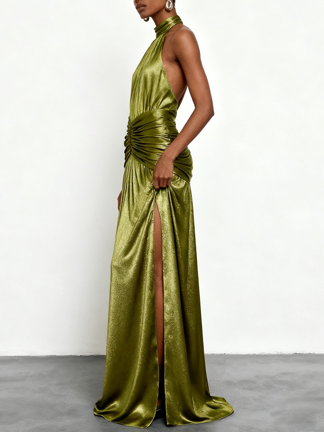 Green Ruched Side-Slit Satin Halter Sleeveless A-Line Gown Dress