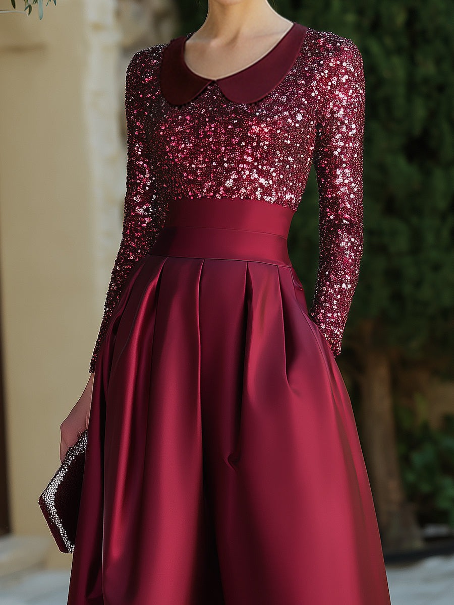 Burgundy Sequin Bodice Midi Dress With Structured Waist