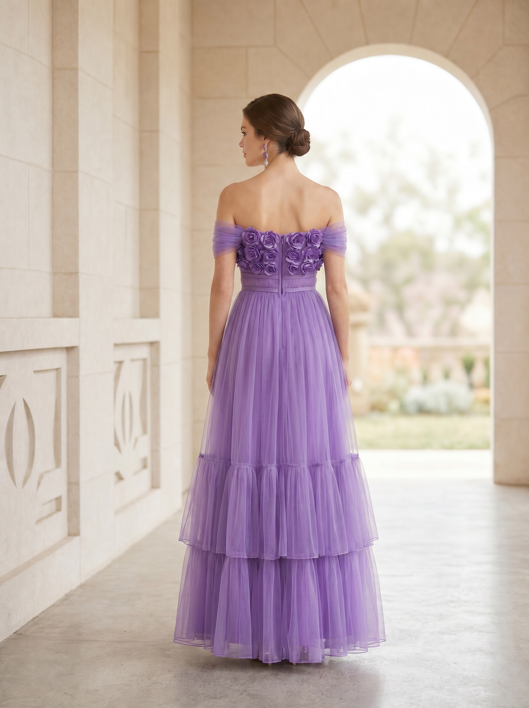 Floral Appliqué Off-the-Shoulder Tulle Gown