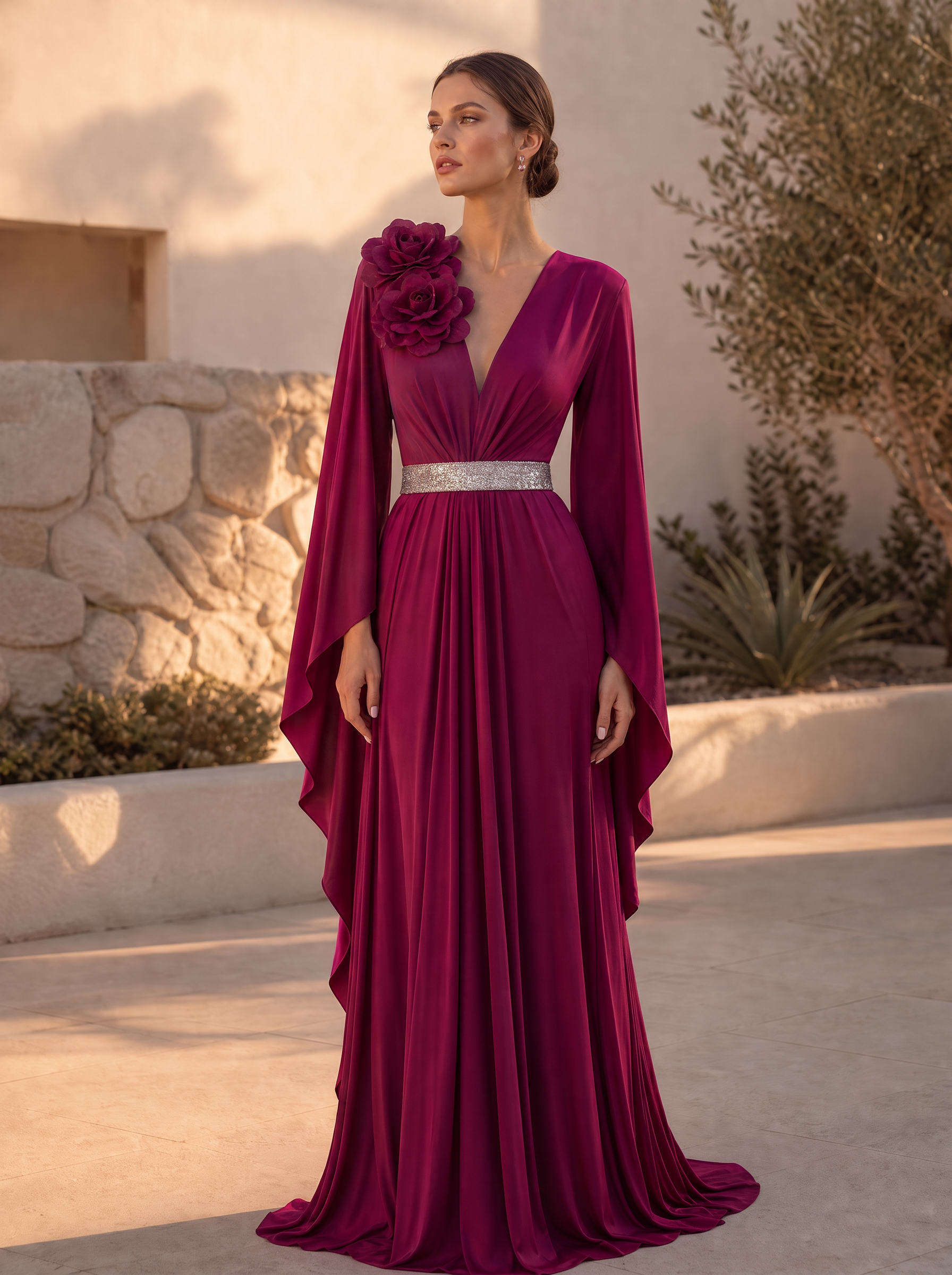 V-Neck Pleated Chiffon Evening Gown with Bell Sleeves and Floral Applique